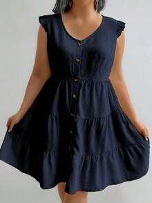 Flirla Đầm suông tay lỡ xếp nếp màu trơn đơn hàng mùa hè cỡ lớn cho nữ - Màu xanh hải quân - Xem 5