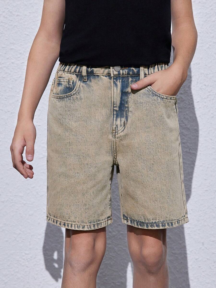 Tween Boy Spring/Summer Casual Water Washed Straight-Leg Denim Shorts - Bronze - View 1