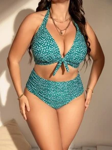 SHEIN Swim Curve Summer Beach Plus Size Ditsy Floral Print Knot Front Bikini Set - Green - View 5
