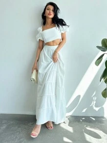 Firerie French-Style Square Neckline Puff Sleeve A-Line Cake Skirt Set - White - View 6