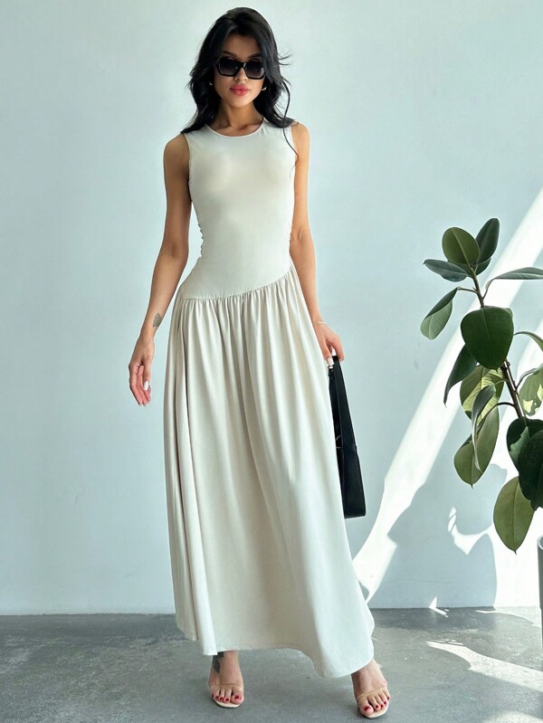 Firerie Damen Einfarbiges, Ärmelloses, Gerüschtes, Langes Kleid Mit Rundhalsausschnitt Und Taillengürtel
