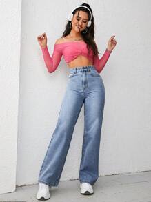 SHEIN Unity Pantalones de mezclilla básicos para mujeres con decoración de botones de unicolor para uso diario - Azul lavado medio - Ver 4