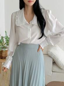 DAZY Peter Pan Collar Loose Fit Open Front Long Sleeve Women Shirt,Long Sleeve Tops Summer