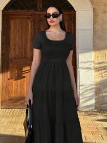 Siren Gaze 女士純色方領短袖長款休閒裙，適合夏季度假和休閒活動 - 黑色 - 查看 5