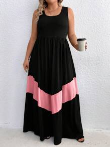 SHEIN Holidaya Plus Size Women Boho Summer Color Blocking Long Round Neck Sleeveless Casual Simple Dress