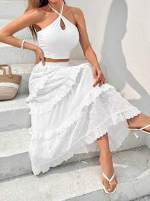 SHEIN Essnce White Patchwork  Skirt With Embroidered Floral Lace Border, Women Skirt For Summer