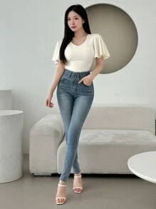 DAZY Áo thun nữ mùa hè cổ chữ V tay bèo nhún màu trơn họa tiết, áo crop top nữ - trắng - Xem 4