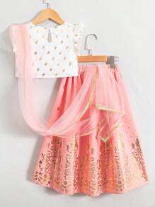 SHEIN Young Girl Elegant 2 Pieces Set Of Gold Printed Polka Dot Round Neck Mesh Top And Skirt For Summer,Holiday,Summer,Travel