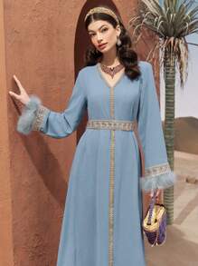 Al Najma Turkish Style Long Dress With V-Neck, Contrast Belt, Fluffy Cuffs And Leather Patchwork, Modest Kaftan