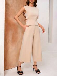 Aveloria Minimalist Style Unisex Backless Top & High-Waist Trousers, Loose-Fit Women's 2pcs/Set