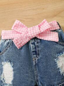 SHEIN 2pcs Baby Girls' Leisure Plaid Ruffled Strap Top And Denim Ripped Shorts Set - Multicolor - View 6