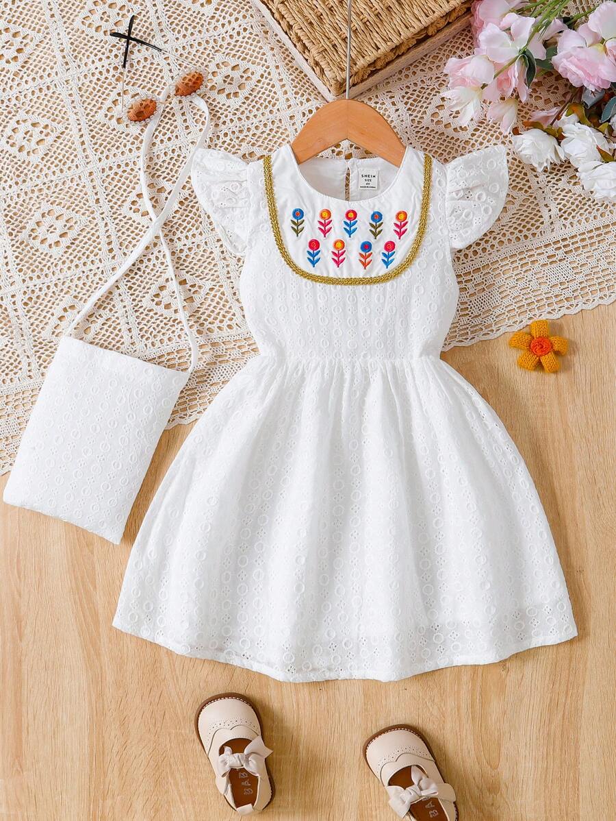 SHEIN 年輕女孩花卉刺繡短袖連衣裙 - 白色 - 查看 1