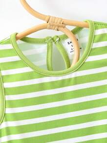 SHEIN Baby Girl Summer Striped Spliced Ruffle Trim Sleeveless Casual Dress With Round Neck - Green - View 3
