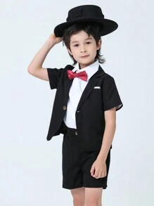 SHEIN 年轻男孩 2 件套绅士装，短袖西装外套和短裤，时尚，适合生日派对、才艺表演、婚礼和一个月派对 - 黑色 - 查看 5