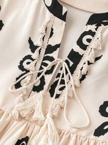 SHEIN LUNE Women Summer Apricot Positioning Flower Fringed Dress Hawaiian Style