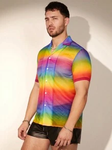 FeverCity Men's Summer Colorful Tie-Dye Short Sleeve See-Through Loose Casual Shirt