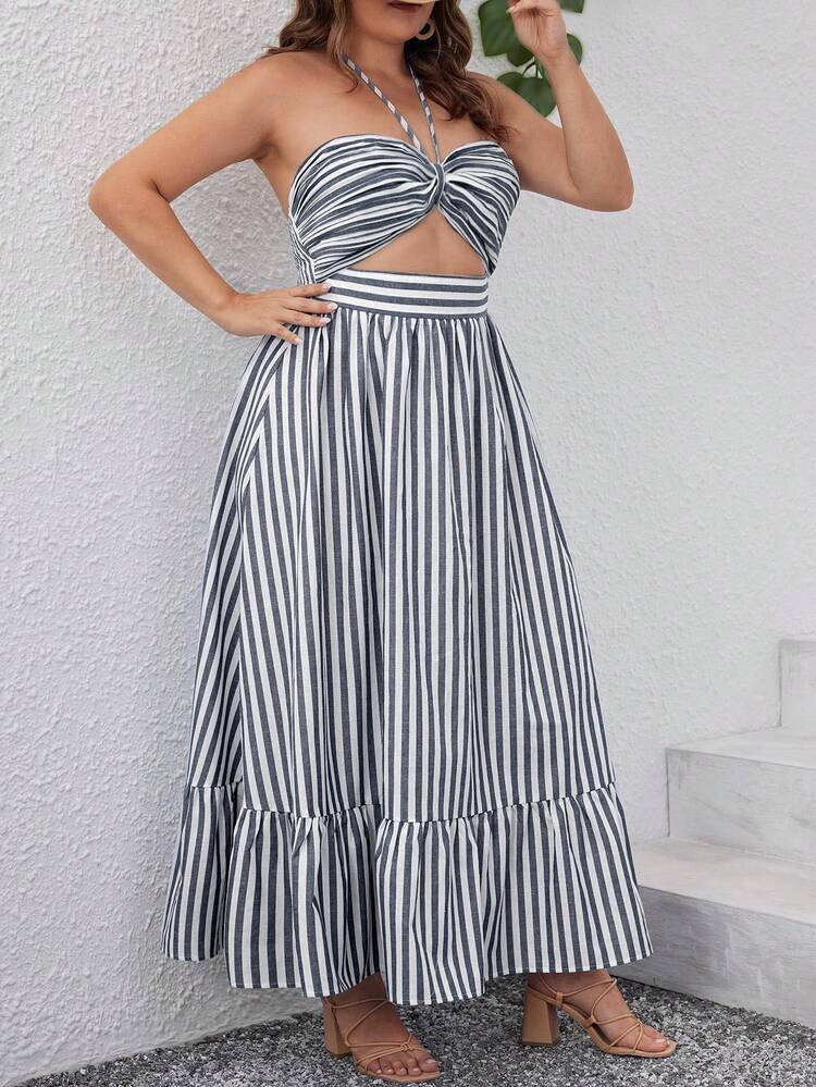 Plus-Size Holiday Striped Hollowed-Out Lace-Up Dress