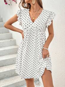 SHEIN Essnce Summer White Base Black Cutout Heart Shape Floral V Collar A-Line Casual Vacation Dress - Black and White - View 6