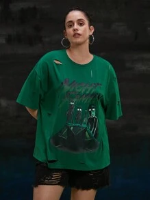 Rick and Morty X SHEIN Plus Size Drop Shoulder Loose Fit Ripped Cool Cartoon Figure And Letter Print T-Shirt - Green - View 1