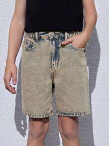 Tween Boy Spring/Summer Casual Water Washed Straight-Leg Denim Shorts - Bronze - View 3