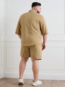 Manfinity Homme Men Plus Size Summer Casual Solid Color Short-Sleeve Shirt And Shorts Set