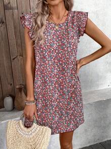 EMERY ROSE Women Fashionable Round Neck Cap Sleeve Mid-Length Dress