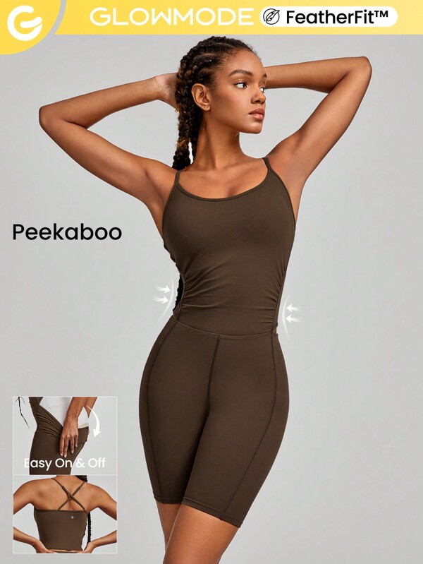 GLOWMODE 6" FeatherFit™ Peekaboo Pleated Adjustable Romper Bodysuit With Built-In Underwear Light Support Low Impact Yoga Studio Summer