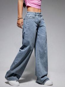 SHEIN ICON Women Casual Slant Pocket Everyday Wide Leg Jeans