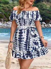 SHEIN Clasi Plus Size Women's Sexy Tie Dye Off Shoulder Top And Skirt Set With Ruffle Hem For Summer - Blue - View 3