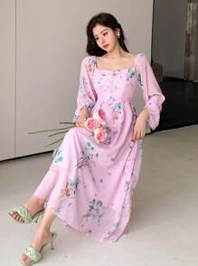 DAZY Robe d'été casual à manches lanternes imprimée de fleurs, col carré, volants