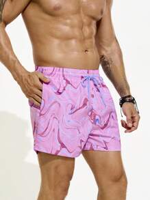 Arcluno Men Tie-Dye Printed Drawstring Waist Beach Shorts For Vacation - Pink - View 5