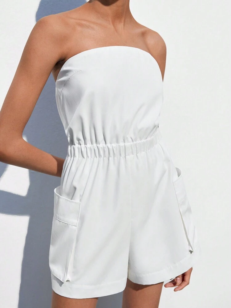 SHEIN Maija Women's Summer Casual White Solid Color Halter Overalls Jumpsuit