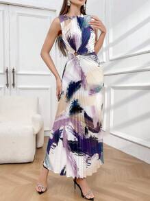 Modelyn Women Sleeveless Printed Pleated Dress, Suitable For Summer Long Evening Dresses - Purple - View 6