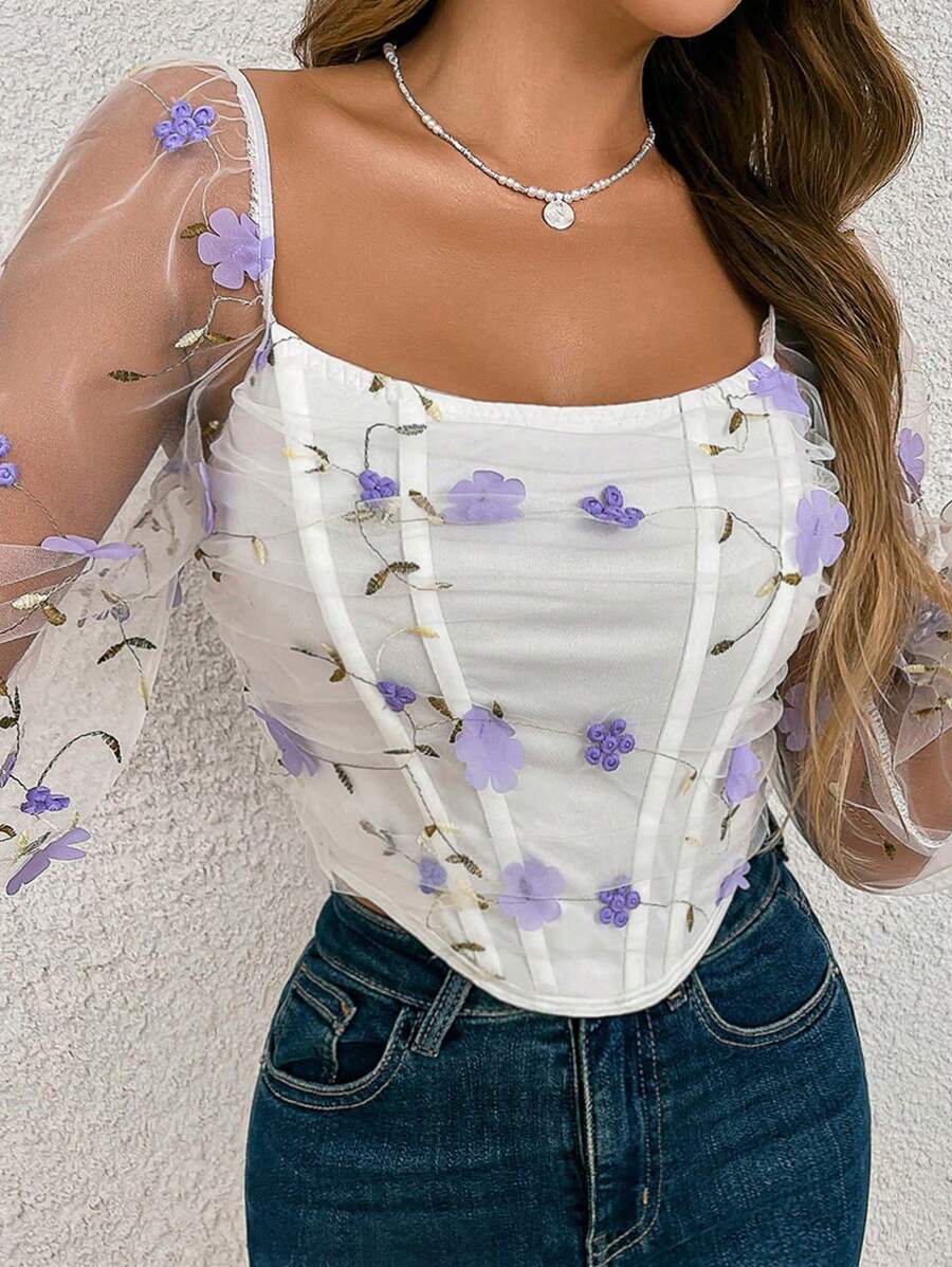 Chiquease 不對稱下擺燈籠袖上衣,帶有網眼和花卉裝飾