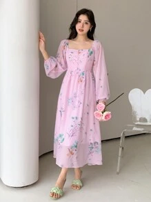 DAZY Robe d'été casual à manches lanternes imprimée de fleurs, col carré, volants