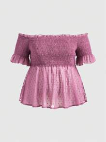 SHEIN Qutie 大码露肩收腰荷叶边下摆衬衫 - 粉色 - 查看 1