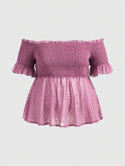 SHEIN Qutie 大码露肩收腰荷叶边下摆衬衫