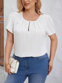 SHEIN Clasi Plus Size Round Neck Solid Color Pleated Simple And Versatile Short Sleeve Shirt For Spring And Summer - White - View 1