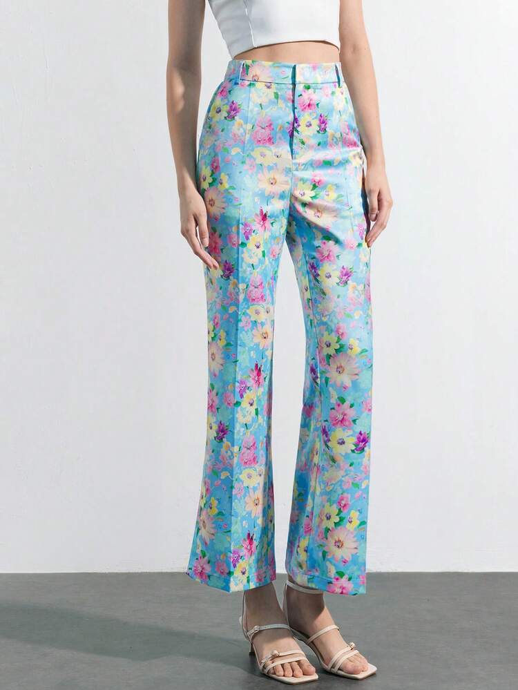 SHEIN Maija Women's Fashionable Casual Floral Print Pleated Wide Leg Pants, Summer