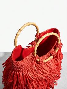 SHEIN SXY Fashion Braid Straw Fringe Tote Bag For Women - Red - View 4