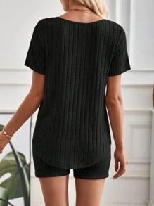 SHEIN LUNE Women Two-Piece Solid Color V-Neck Hollow Out Short Sleeve Top And Shorts, Suitable For Summer - Black - View 2