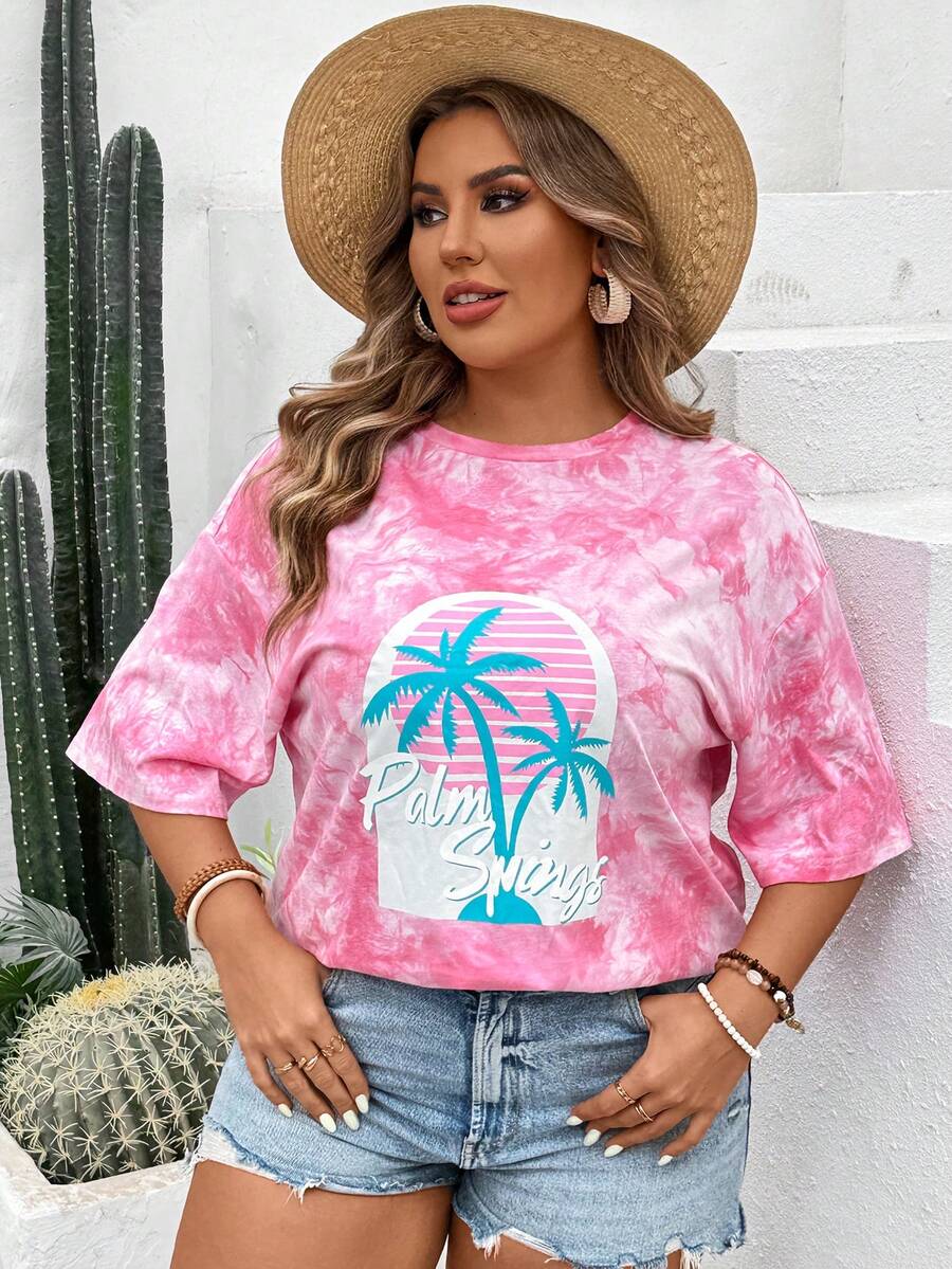 SHEIN VCAY Plus Size Coconut Tree Print Casual Round Neck Short Sleeve T-Shirt, Perfect For Daily Wear In Spring And Summer - Hot Pink - View 1