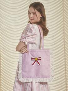 CARDCAPTOR SAKURA | SHEIN Bolso Rosa De Mano Para Mujer Con Lazo Decorativo, Detalles De Borde Ondulado En Contraste