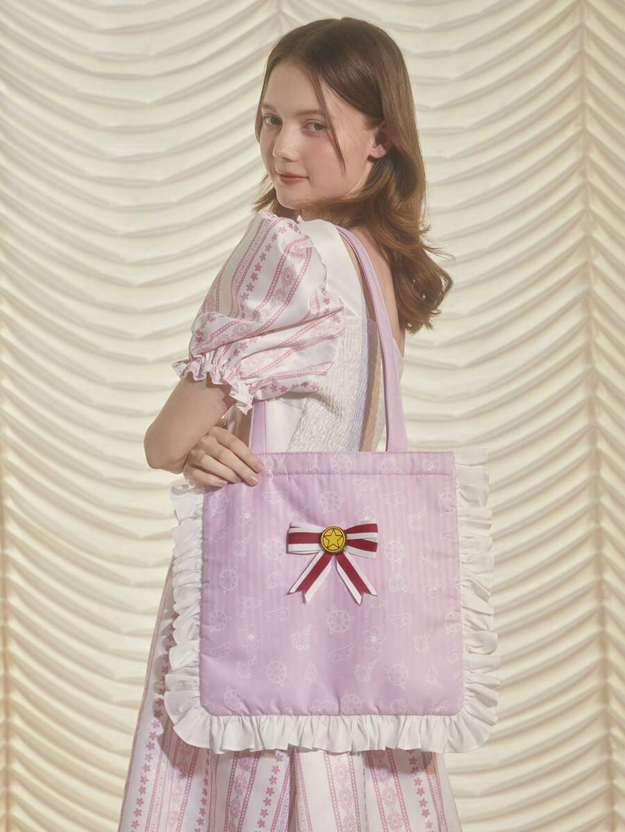 CARDCAPTOR SAKURA | SHEIN Bolso Rosa De Mano Para Mujer Con Lazo Decorativo, Detalles De Borde Ondulado En Contraste