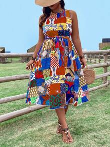 SHEIN Holidaya Plus Size Nữ Phong Cách Kỳ Nghỉ Mùa Hè Chắp Vá In Cổ Tròn Không Tay Thường Ngày - Nhiều màu - Xem 3