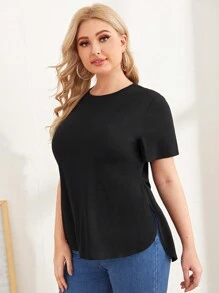 SHEIN Essnce Plus Split Hem Solid Top - Black - View 4