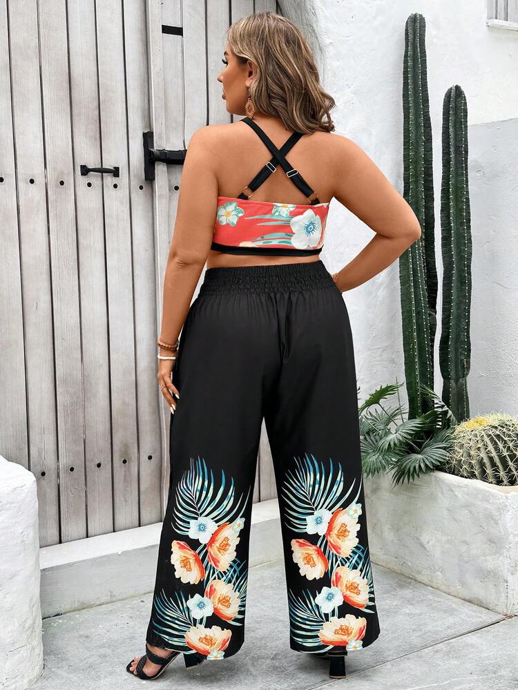 Plus Size Color Blocking Trimmed Halter Vacation Top With Wide Leg Pants Set