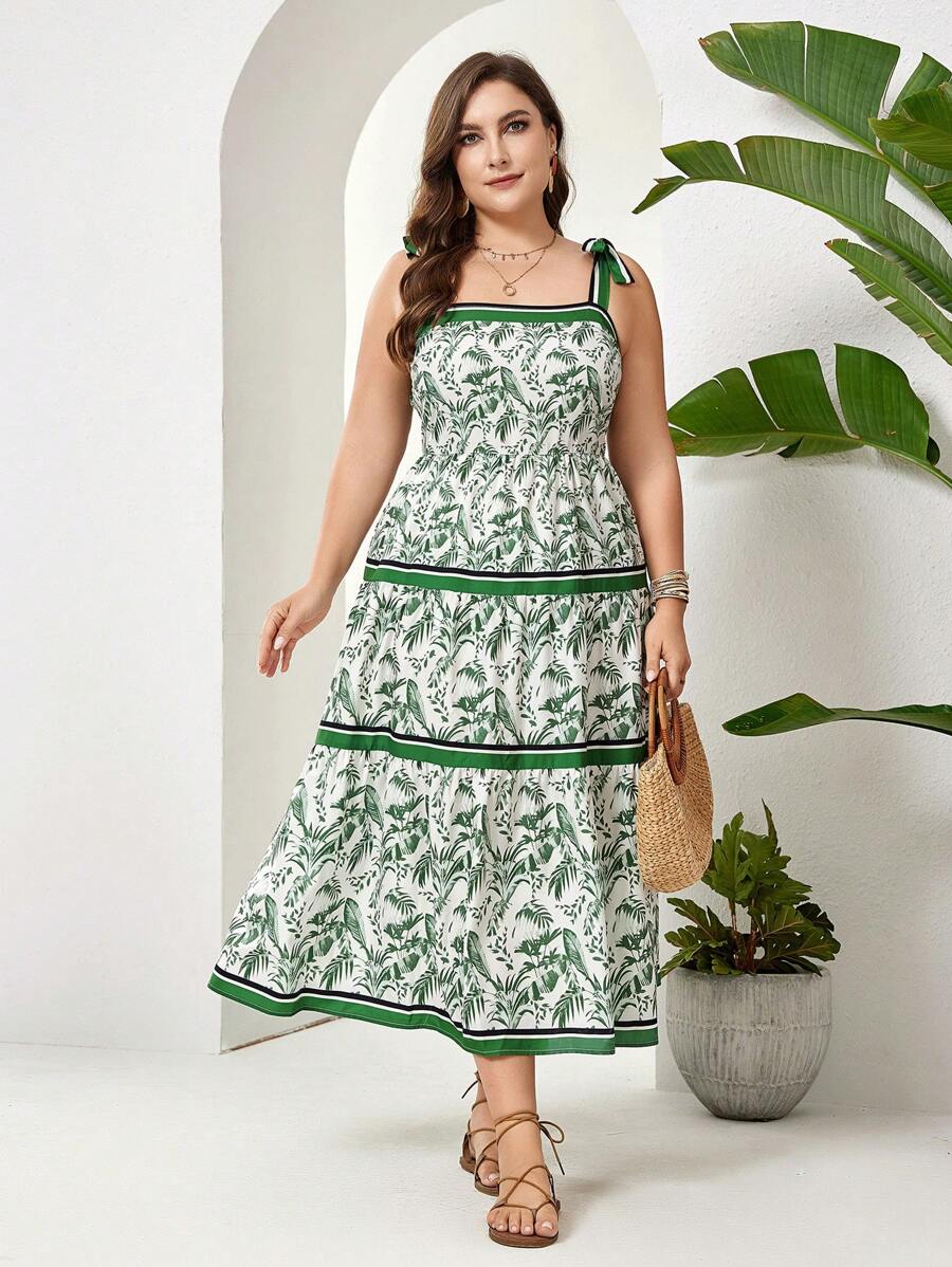 SHEIN Holidaya Váy không tay cỡ lớn có dây đeo rộng, in toàn bộ hình lá sen và viền bèo nhún - Nhiều màu - Xem 1