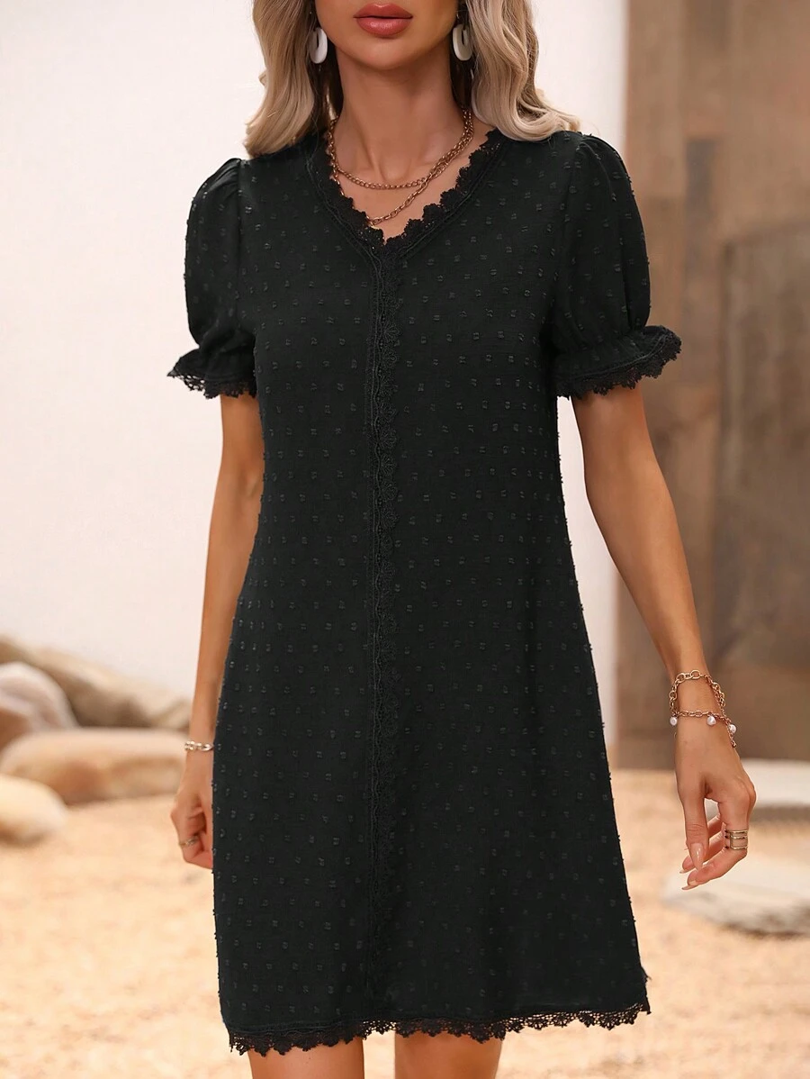 SHEIN LUNE Solid Color V-Neck Lace Spliced Puff Sleeve Dress - Black - View 1
