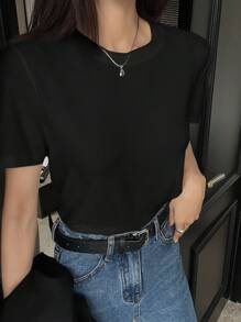 DAZY Camiseta básica de mujer de manga corta y corte ajustado con cuello redondo de unicolor - Negro - Ver 5